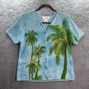 VTG Susan Bristol NWOT Medium Knit Top‎ Palm Trees Embroidered Pebble Coconuts